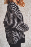 Casual Striped Patchwork Buckle V Neck Outerwear Sweater