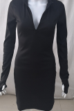 Fashion Street Solid Patchwork Zipper Collar Pencil Skirt Dresses