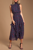 Casual Print Flounce Half A Turtleneck Waist Skirt Dresses