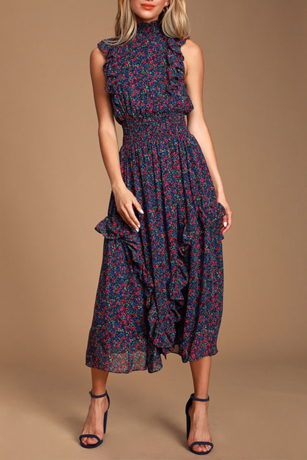 Casual Print Flounce Half A Turtleneck Waist Skirt Dresses