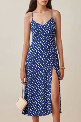 Elegant Print Slit V Neck A Line Dresses