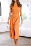 Casual Solid Hollowed Out O Neck Waist Skirt Dresses