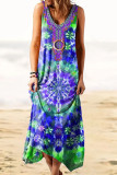 Fashion Vintage Print Patchwork O Neck Irregular Dresses