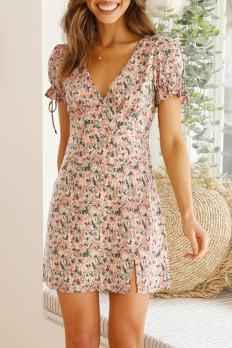 Fashion Sweet Print Slit V Neck A Line Dresses