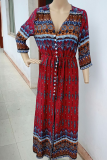 Bohemian Print Buckle Slit V Neck Dresses