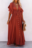 Casual Solid Patchwork V Neck Cake Skirt Dresses