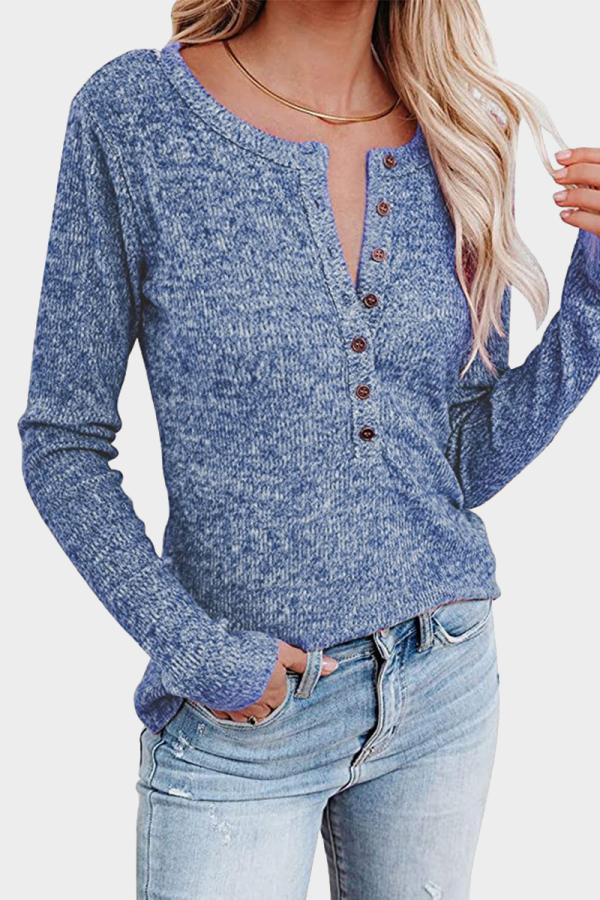 Casual Solid Patchwork Buttons O Neck Tops