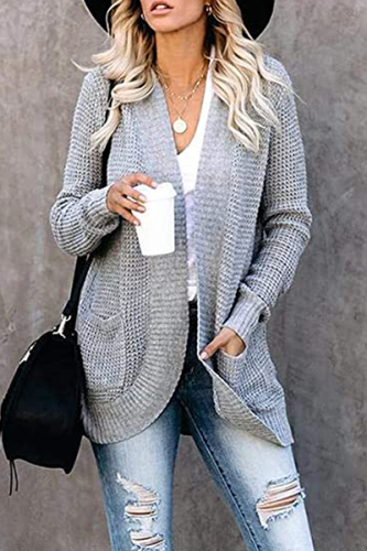 Casual Solid Patchwork Pocket V Neck Tops Sweater