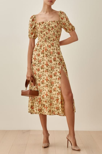 Elegant Floral High Opening Square Collar A Line Dresses