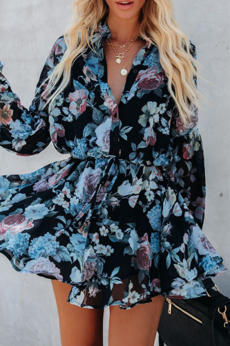 Fashion Casual Print Patchwork Turndown Collar Long Sleeve Dresses