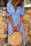 Fashion Casual Solid Patchwork V Neck Shirt Dress