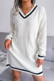 Casual Striped Patchwork Contrast V Neck A Line Dresses Sweater (Without Belt)