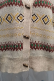Casual Geometric Patchwork Buckle V Neck Outerwear Sweater