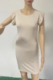Casual Solid Flounce O Neck Pencil Skirt Dresses