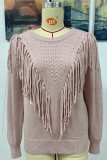 Fashion Solid Tassel Patchwork O Neck Tops