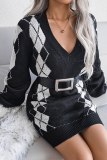 Casual Geometric Patchwork Contrast V Neck Dresses Sweater (Without Belt)
