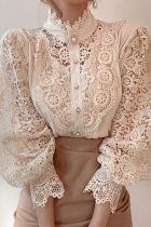 Elegant Patchwork Lace Hollowed Out Buckle Mandarin Collar Tops
