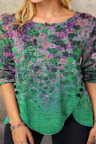 Floral Oil Painting Button Slit T Shirt