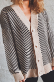Casual Striped Patchwork Buckle V Neck Outerwear Sweater