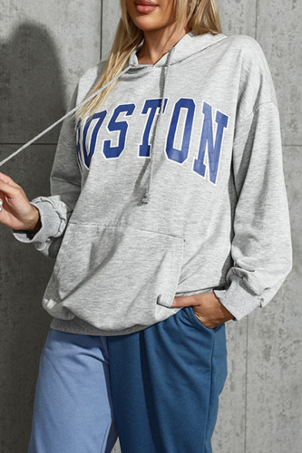 Casual Street Letter Draw String Pocket Hooded Collar Tops