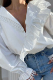Casual Sweet Solid Patchwork Stringy Selvedge Turndown Collar Tops