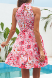 Fashion Print Patchwork Halter Cake Skirt Dresses