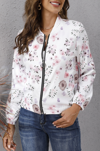 Elegant Print Patchwork Zipper O Neck Outerwear