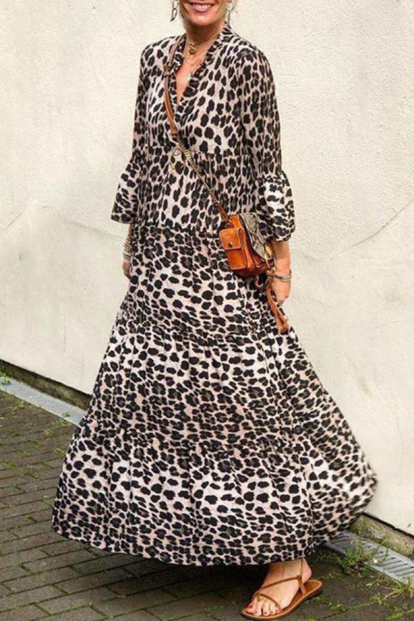Fashion Street Leopard Patchwork V Neck A Line Dresses