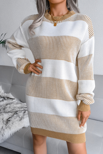 Elegant Striped Patchwork Contrast O Neck Dresses Sweater (Without Belt)
