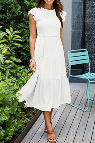Fashion Solid Flounce O Neck Cake Skirt Dresses