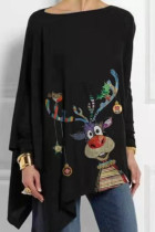Casual Print Patchwork Asymmetrical O Neck Tops