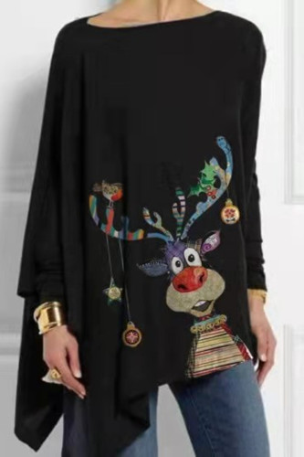 Casual Print Patchwork Asymmetrical O Neck Tops