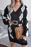 Casual Geometric Patchwork Contrast V Neck Dresses Sweater (Without Belt)