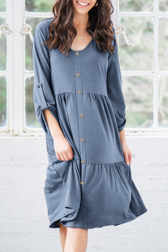 Casual Solid Patchwork Buckle V Neck A Line Dresses