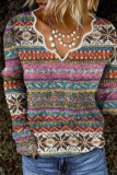 Sweet Street Print Embroidered Printing V Neck Tops