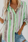 Casual Striped Patchwork Turndown Collar Tops