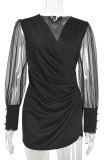 Fashion Elegant Patchwork Fold Mesh V Neck Pencil Skirt Dresses