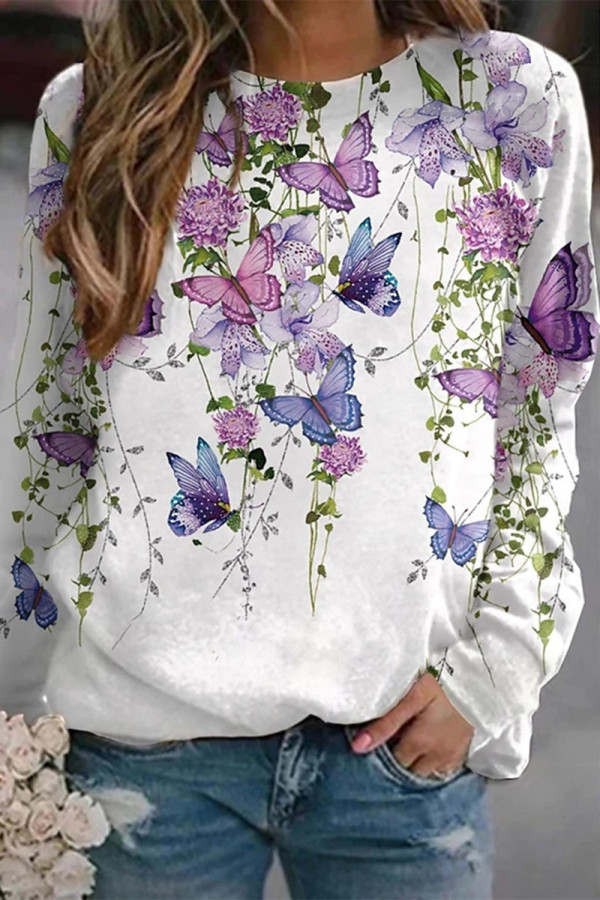 Casual Butterfly Print Basic O Neck Tops