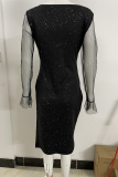 Sexy Solid Mesh V Neck Pencil Skirt Dresses