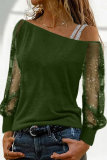 Fashion Casual Patchwork Patchwork See-through Oblique Collar Tops