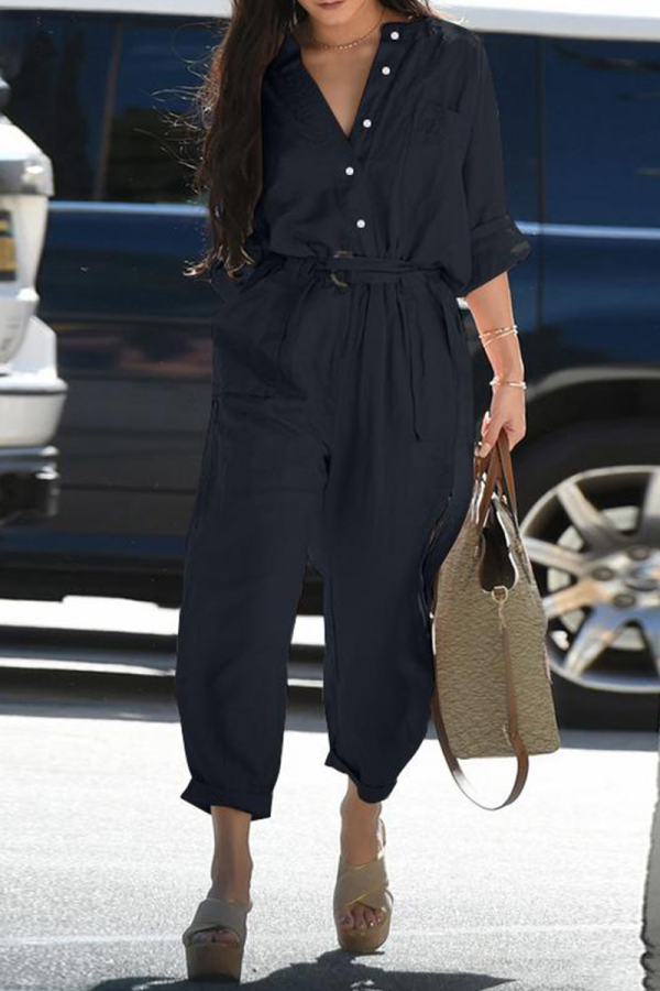 Casual Solid Patchwork V Neck Harlan Jumpsuits