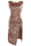 Fashion Elegant Solid Sequins Slit O Neck Pencil Skirt Dresses