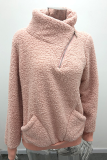 Casual Solid Pocket Zipper Turndown Collar Tops