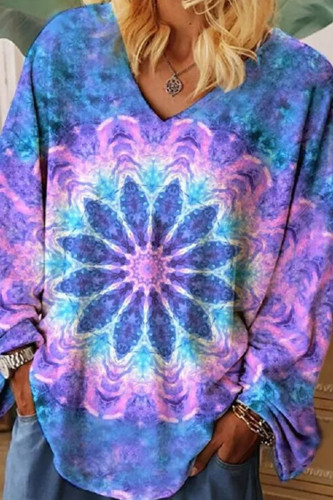 Casual Print Patchwork V Neck T-Shirts