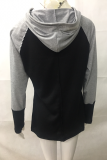 Casual Patchwork Draw String Contrast Hooded Collar Tops