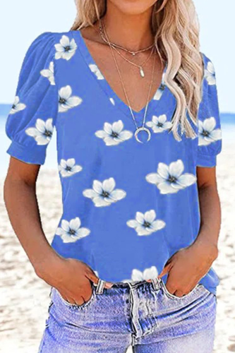 Casual Print Patchwork V Neck T-Shirts