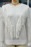 Fashion Solid Tassel Patchwork O Neck Tops