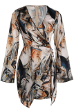 Fashion Patchwork Tie-dye V Neck Pencil Skirt Dresses