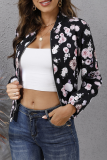 Elegant Print Patchwork Zipper O Neck Outerwear