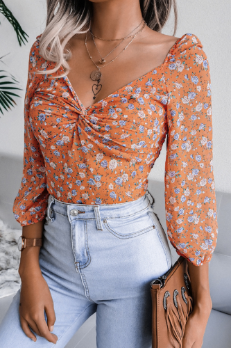 Fashion Elegant Floral Patchwork Fold V Neck Tops